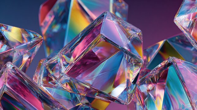 Close-up view of multiple translucent, faceted geometric shapes with iridescent coloring.