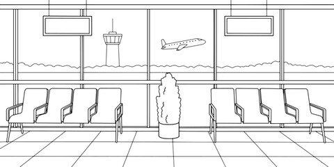 Airport interior graphic black white sketch illustration vector