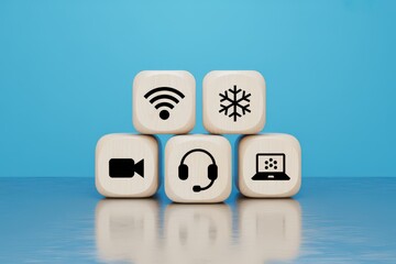 Smart business and home automation services concept with icons for internet, support, video, and climate control on white cubes
