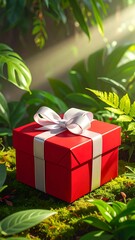 A beautifully wrapped gift box nestled among lush greenery in a sunlit garden