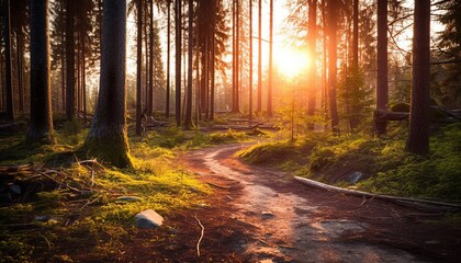 Fototapeta premium Hiking path and sunset in beautiful woods 