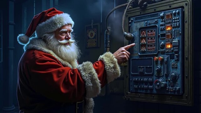 A santa claus is pointing at a control panel in a dark room