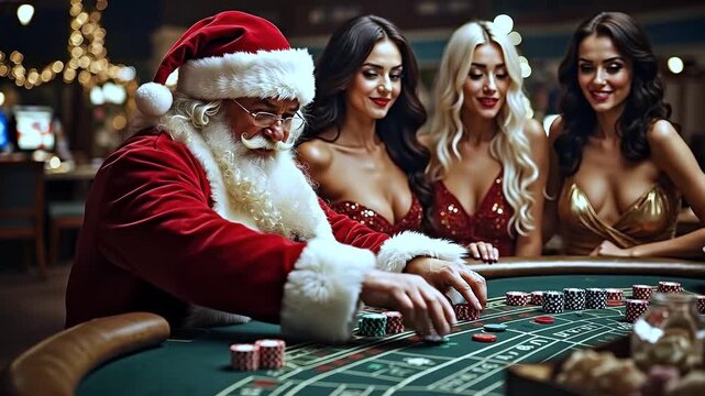 A group of women playing craps with Santa Claus at a casino table