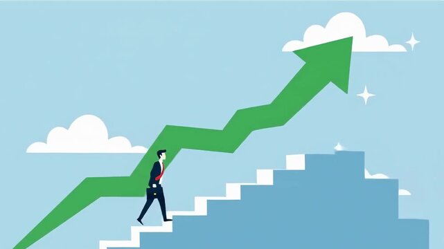 Man climbing stairs with green arrow indicating growth