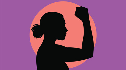 Empowered woman flexing biceps in silhouette against vibrant backdrop, showcasing strength and determination for fitness or women's rights campaigns