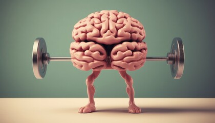 Human brain lifting weights. 3D brain lifting a heavy dumbbell. Mind training, memory health, Alzheimer's prevention, brain training, education, study and menthal health concept