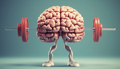 Human brain lifting weights. 3D brain lifting a heavy dumbbell. Mind training, memory health, Alzheimer's prevention, brain training, education, study and menthal health concept