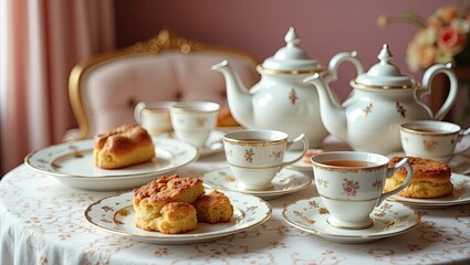 Fototapeta premium Elegant high tea service with fine china. 