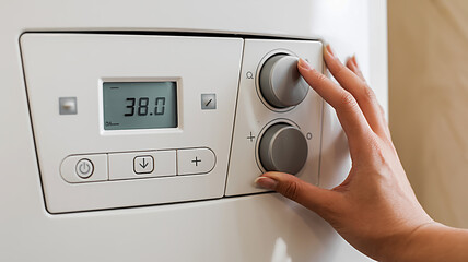 Close-up of a hand adjusting the temperature control on a white heating unit, maintaining comfort