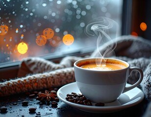 Obraz premium Filiżanka gorącej, parującej kawy, obok koc i ziarna kawy