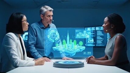 Futuristic technology meeting professionals for urban planning utilizing holographic displays, enhancing collaboration and advanced visualization techniques in dynamic atmosphere - Powered by Adobe