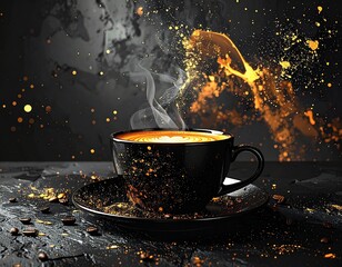 Czarno-złote, ekskluzywne tło z filiżanką kawy