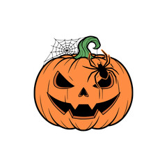 Spooky Halloween Jack-o'-lantern illustration with a creepy black spider and a delicate cobweb, isolated on a white background for festive designs