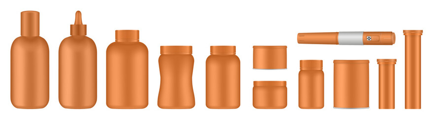 Set of medical pill bottles. Orange jar with lid. Plastic medicine container. 3d mockup of a packaging for pharmacy. Effervescent tablet tubes, insulin pen
