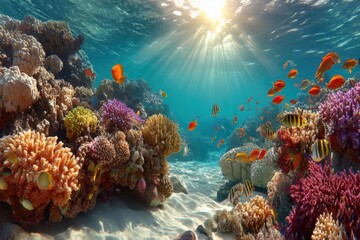 Obraz premium Underwater coral reef ecosystem basking in radiant sunlight with colorful fish species swimming amidst vibrant coral formations creating a breathtaking marine tableau showcasing aquatic