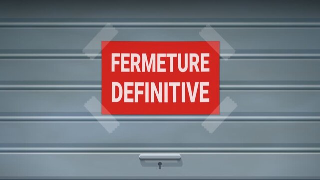 Transition video of a metal shutter with an "FERMETURE DEFINITIVE" (Permanent closure in french) sign taped to it closing on a green screen