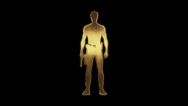 Male hitman with slightly reflected outlines on a gold foil-like surface, loop, alpha channel

