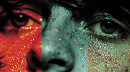 A close-up image of eyes adorned with colors showcases deep emotional expression through vibrant details and artistic essence.