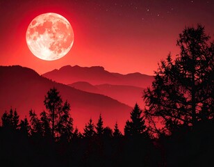 Fototapeta premium Blood Red Full Moon Over Dark Forest