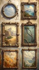 A collection of six vintage art frames displaying landscapes and nature scenes