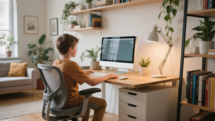 Healthy posture habit, child studying on computer with good ergonomic support