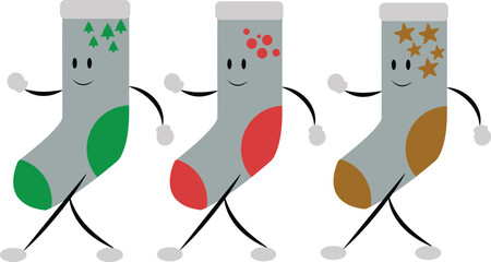 three christmas socks characters walking proudly, festive flat vector illustration