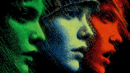 A dramatic collage of three profile faces in contrasting colors of green, blue, and red, exploring the theme of identity.