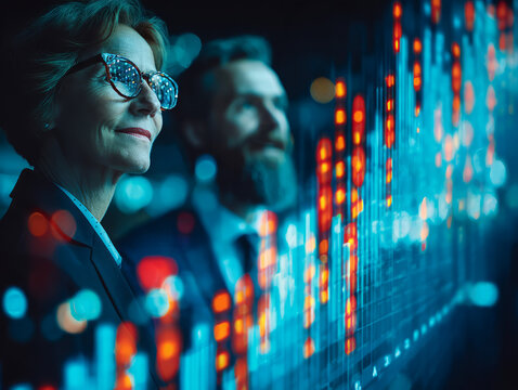 Two financial professionals analyze stock market data overlaid on cityscape, discussing investment strategies for future growth within their company analysis center.