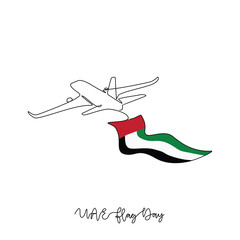 One continuous line drawing of UAE National Flag Day with airplane illustration. UAE National Flag Day theme design concept in simple linear continuous line. Great design for national holiday campaign