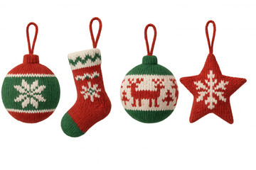 Knitted christmas ornaments with winter patterns, including a stocking, baubles, and a star, on transparent background