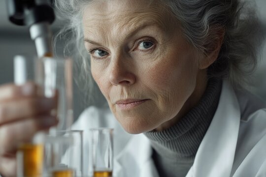 A senior female scientist with intense gaze, wearing a lab coat, working in a laboratory with test tubes and amber liquids. - Powered by Adobe