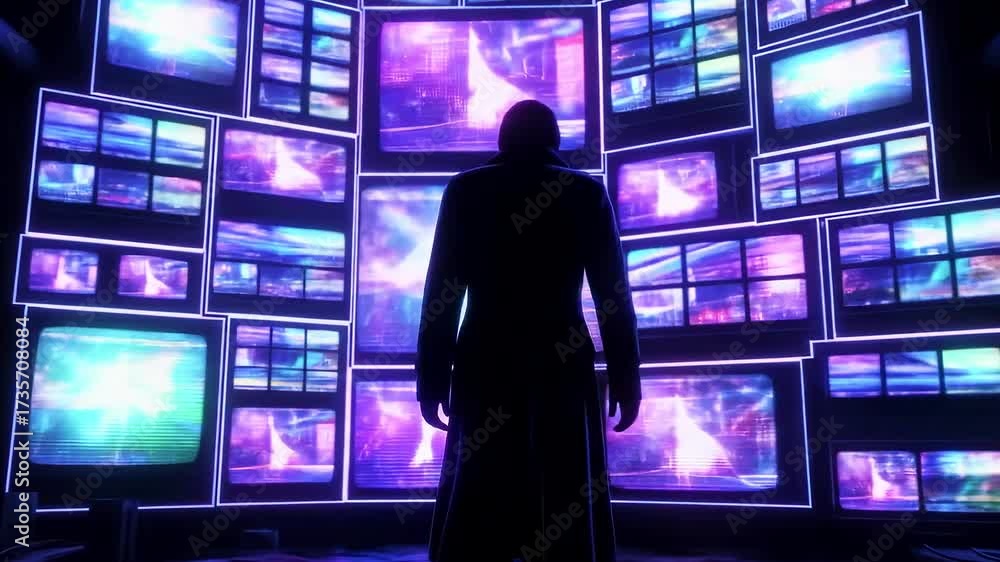 Wall mural a silhouette of a person stands before a mesmerizing array of vibrant, pulsating screens