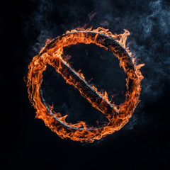 Fiery prohibition symbol ablaze against darkness, a powerful statement against restrictions and limits, perfect for conveying strong messages of freedom