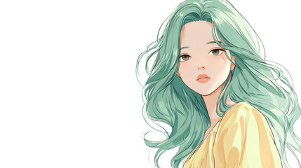 Animated girl with mint hair portrait on transparent background