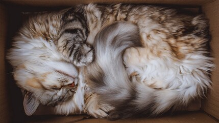 Adorable Cat Sleeping in Cardboard Box