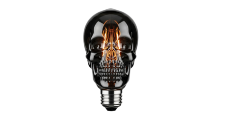 Black Skull Light Bulb with Burning Flame Inside, Halloween 3D Render Isolated on White