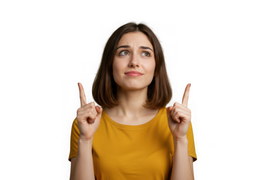 Attractive young woman with bob haircut pointing up isolated on transparent background
