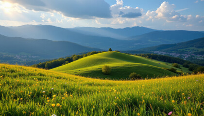 Lush green hills under bright sky with clouds and distant mountains
