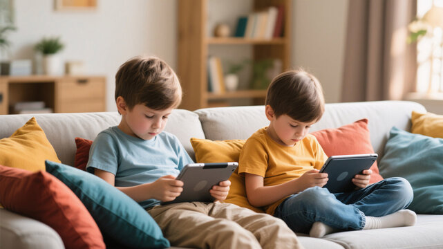 Two children slouching with poor posture while using digital tablets in bright family living room