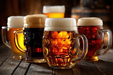 Assortment of Frothy Beer Mugs on a Rustic Wooden Table.