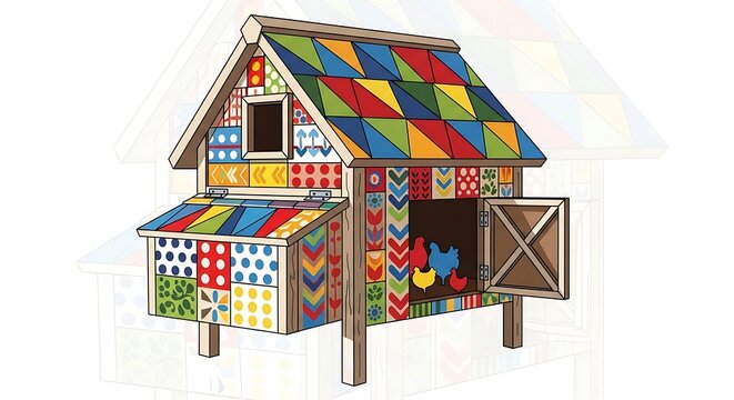 Colorful Quilted Chicken Coop with Open Door and Chickens Inside.