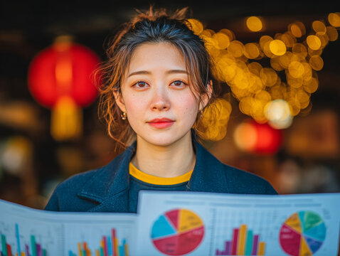 A young Asian woman looks thoughtfully at the camera while reviewing charts and graphs in front of a warmly lit outdoor market at nighttime with a focused expression.