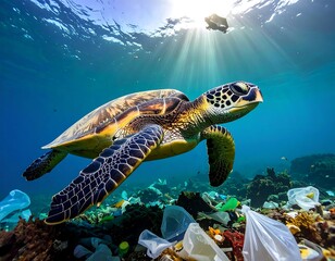 Obraz premium Sea turtle swimming amidst ocean plastic debris