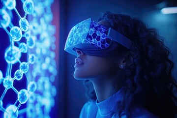 A woman experiences a glowing blue molecular simulation through a futuristic virtual reality headset, exploring advanced scientific concepts in immersive technology.