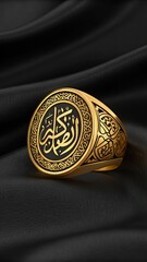 Exquisite oval gold ring with intricate islamic calligraphy and ornate detailed patterns on a dark silk background