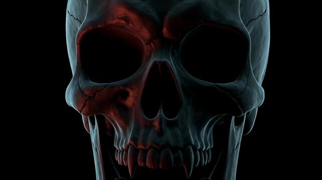 Eerie Human Skull with Red and Blue Tones on Black Background.