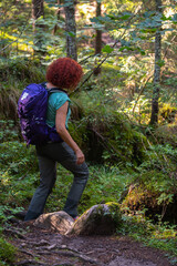 Hiker woman walking forest trail