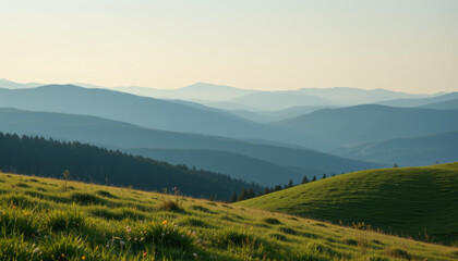 Lush green hills and distant mountains create serene landscape view