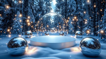 A white podium is elegantly placed amidst a snowy forest.