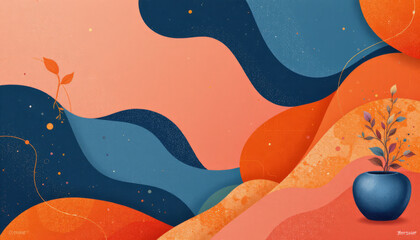 Vibrant abstract design featuring flowing shapes and potted plant